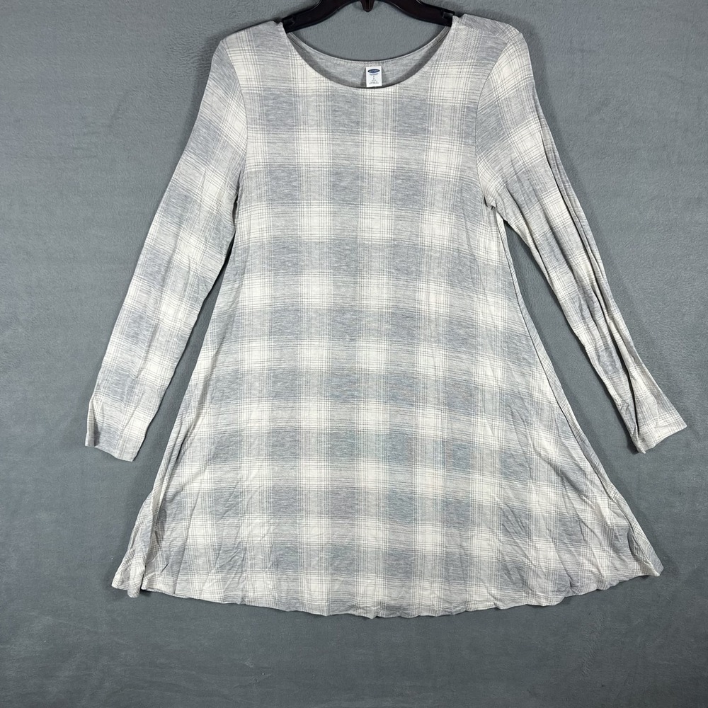 Old Navy Women's S Petite Plaid Swing Dress Gray White Long Sleeve Knit Casual